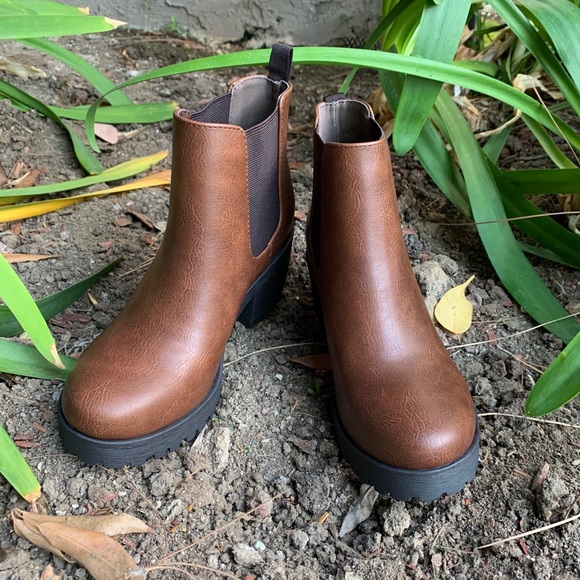 Shoes - BROWN FAUX LEATHER ANKLE BOOTIES